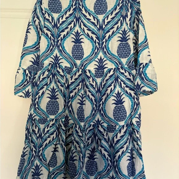 Boden dress NWT 4 Sophia Linen Short Dress Blue Pineapple Print online $235 - Picture 2 of 10